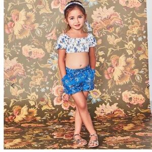 Janie and Jack Girls Paisley Floral Blue Cotton shorts w/ruffles, pockets, sz 10